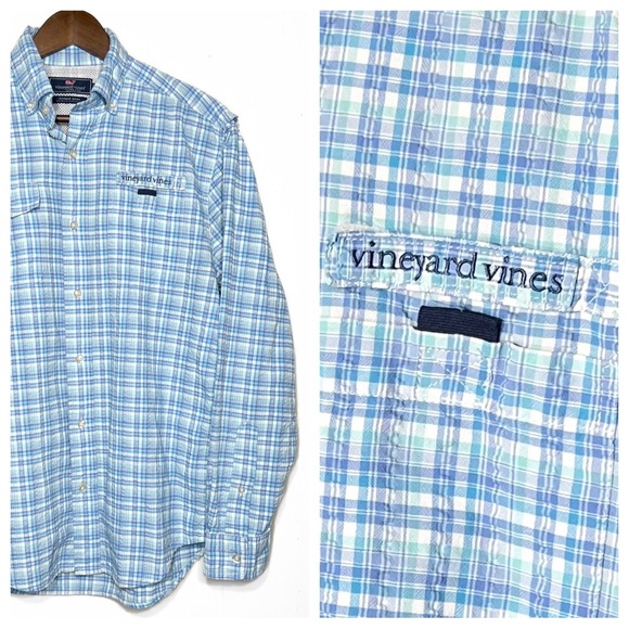 Vineyard Vines Mens Blue Plaid Long Sleeve Utility Buttondown Fishing Shirt - Picture 6 of 8